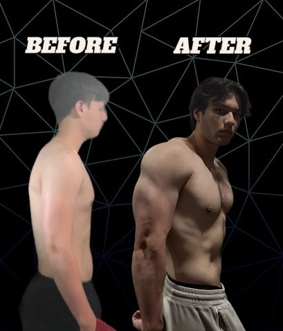 Side-by-side before and after photo of Isaac: on the left, a thin frame with little muscle; on the right, a visibly leaner, more muscular build after six years of training.